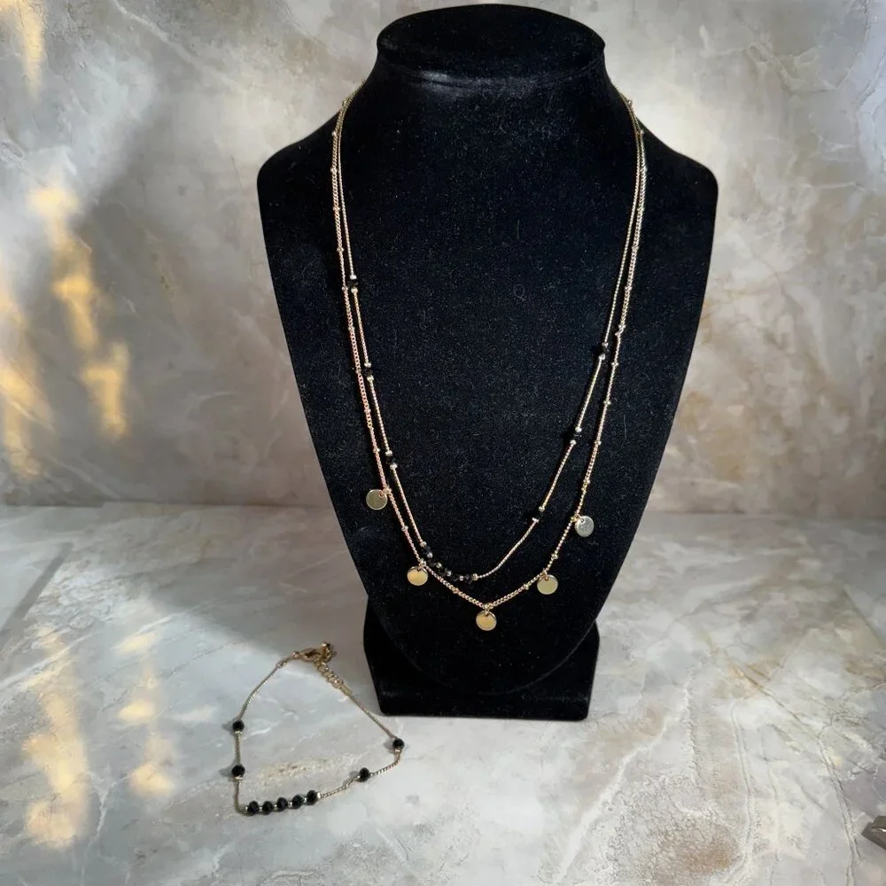 Layered Gold & Black Beaded Necklace Set With matching Bracelet Signed NRQ - Picture 2 of 8